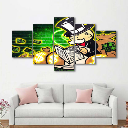Rich Money Man Canva, 5 Panel Mixed Canvas Print Wall Art, Home Decor, Neon Canvas