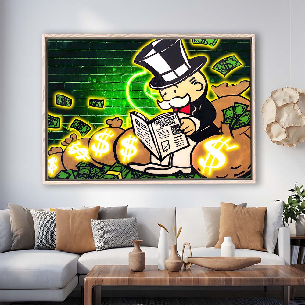 Rich Money Man Canva, Framed Canvas Print Wall Art Decor, Floating Frame, Neon Effect Art