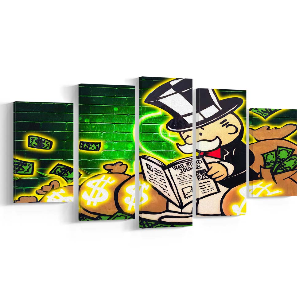 Rich Money Man Canva, 5 Panel Mixed Canvas Print Wall Art, Home Decor, Neon Canvas
