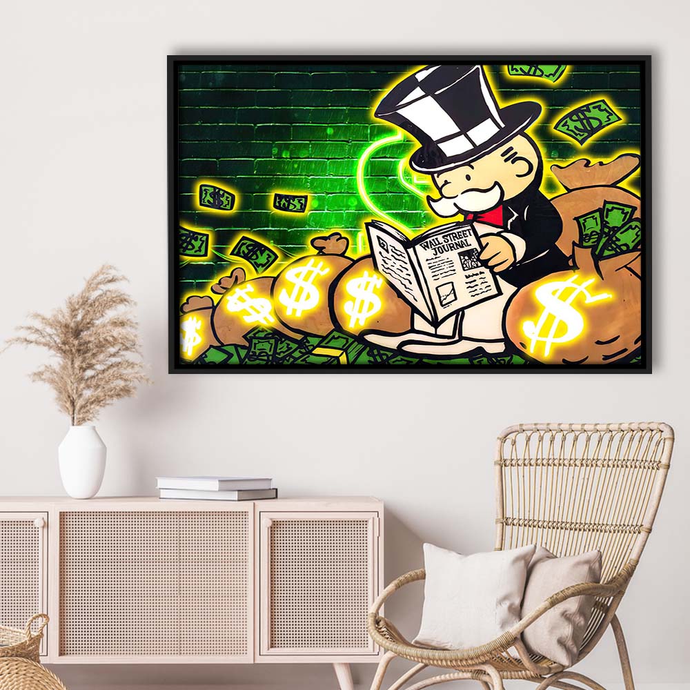 Rich Money Man Canva, Framed Canvas Print Wall Art Decor, Floating Frame, Neon Effect Art