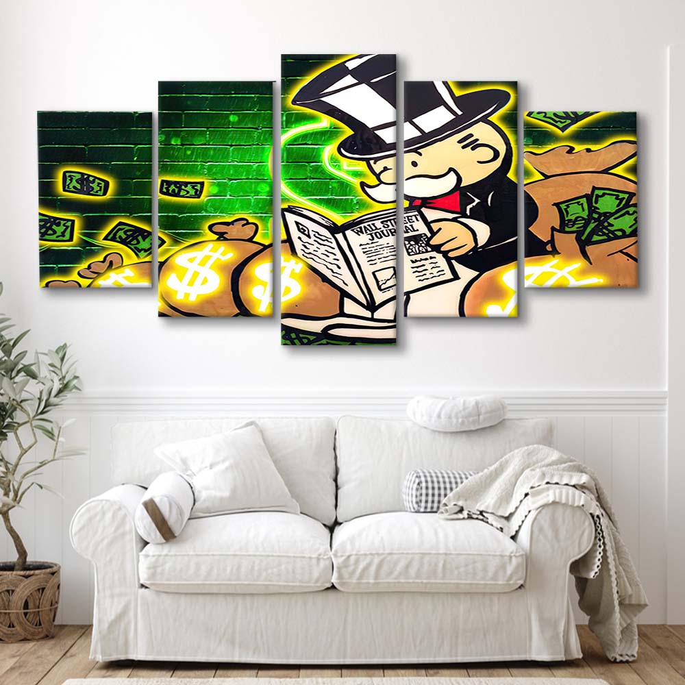 Rich Money Man Canva, 5 Panel Mixed Canvas Print Wall Art, Home Decor, Neon Canvas