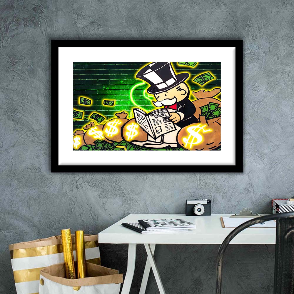 Rich Money Man Canva, Framed Art Print Wall Decor, White Border, Framed Picture