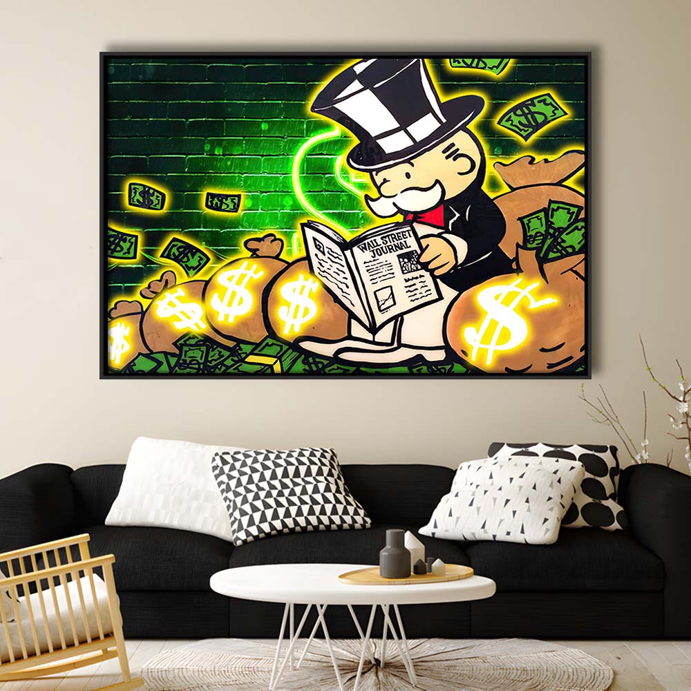 Rich Money Man Canva, Framed Canvas Print Wall Art Decor, Floating Frame, Neon Effect Art