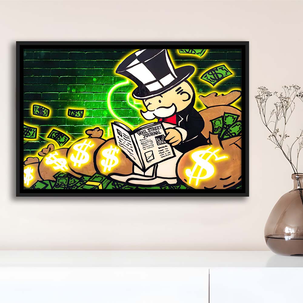 Rich Money Man Canva, Framed Canvas Print Wall Art Decor, Floating Frame, Neon Effect Art