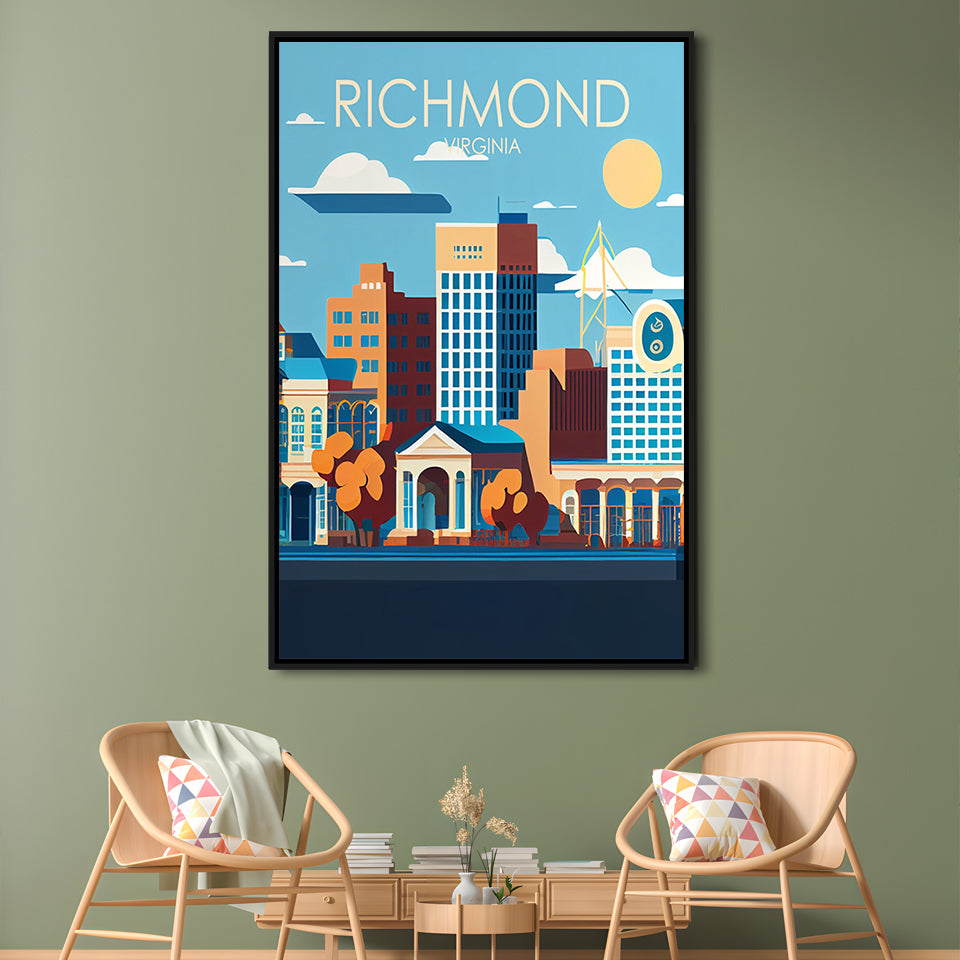 Richmond Virginia Retro Art Print, Richmond City Wall Art, Floating Framed Canvas Print, Framed Picture, Painting Canvas