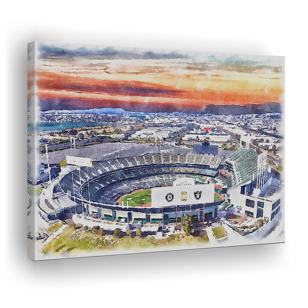 RingCentral Coliseum WaterColor, Oakland California Baseball Watercolor, Sport Art, Gifts for him, Canvas Print Wall Art