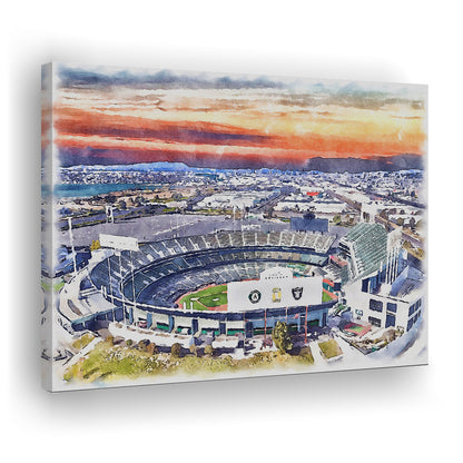 RingCentral Coliseum WaterColor, Oakland California Baseball Watercolor, Sport Art, Gifts for him, Canvas Print Wall Art
