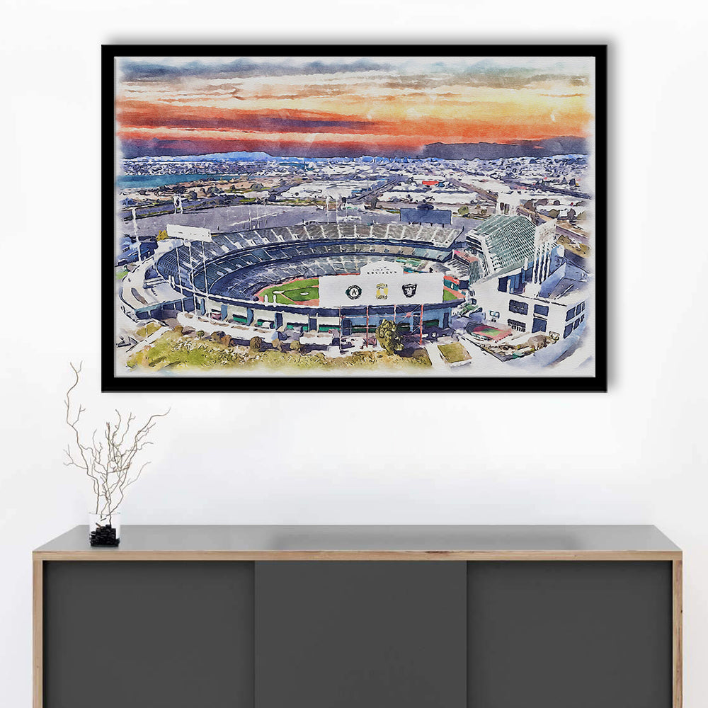 RingCentral Coliseum WaterColor, Oakland California Baseball Watercolor, Sport Gift Art, Framed Art Print Wall Decor