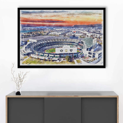 RingCentral Coliseum WaterColor, Oakland California Baseball Watercolor, Sport Gift Art, Framed Art Print Wall Decor