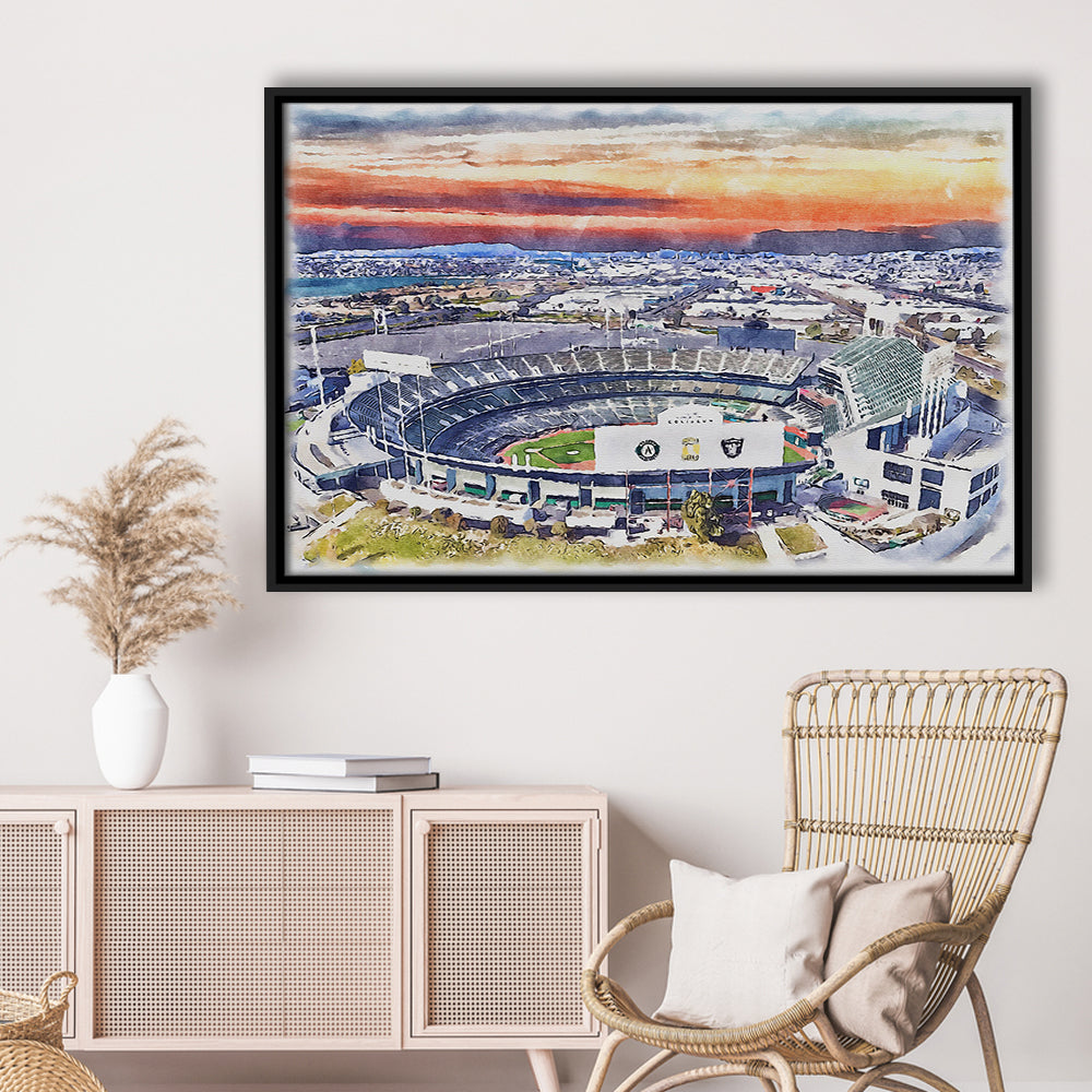 RingCentral Coliseum WaterColor, Oakland California Baseball Watercolor, Sport Gift Art, Framed Canvas Print Wall Art