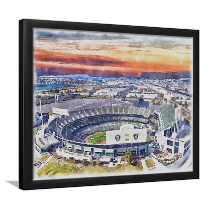 RingCentral Coliseum WaterColor, Oakland California Baseball Watercolor, Sport Gift Art, Framed Art Print Wall Decor