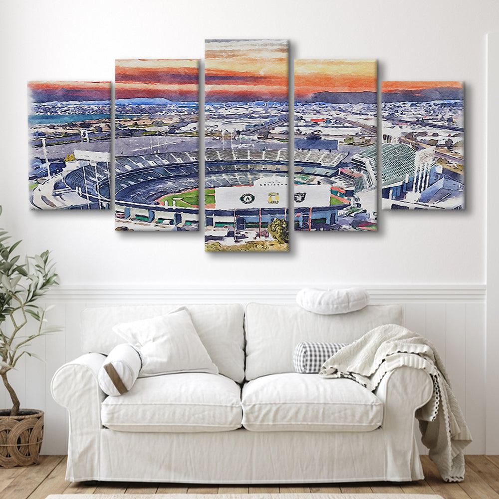 RingCentral Coliseum WaterColor, Oakland California Baseball Watercolor, Sport Art, Mixed 5 Panel, Canvas Print Wall Art