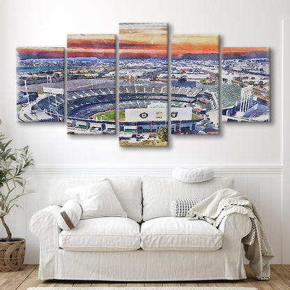 RingCentral Coliseum WaterColor, Oakland California Baseball Watercolor, Sport Art, Mixed 5 Panel, Canvas Print Wall Art
