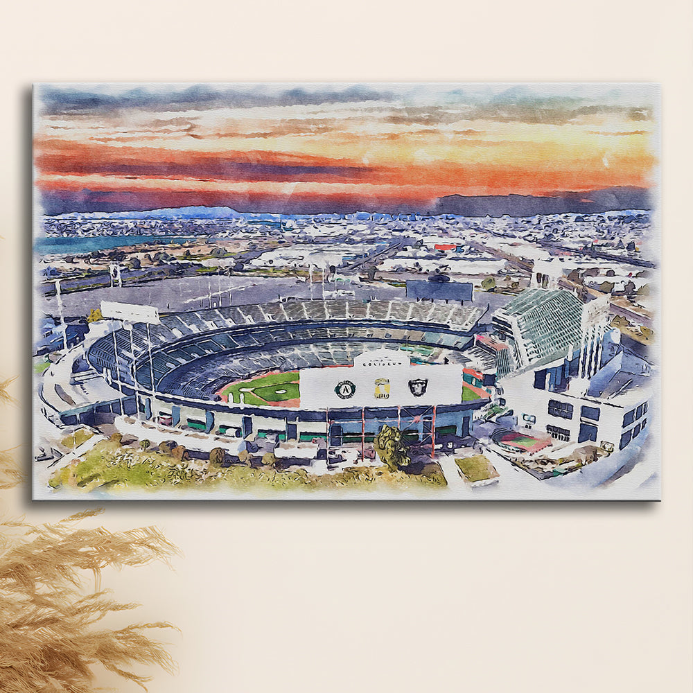 RingCentral Coliseum WaterColor, Oakland California Baseball Watercolor, Sport Art, Gifts for him, Canvas Print Wall Art