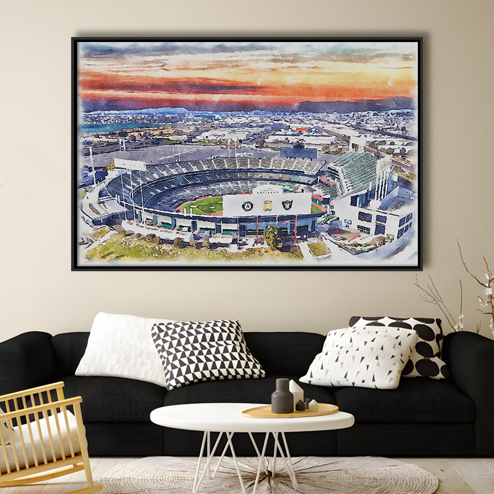 RingCentral Coliseum WaterColor, Oakland California Baseball Watercolor, Sport Gift Art, Framed Canvas Print Wall Art