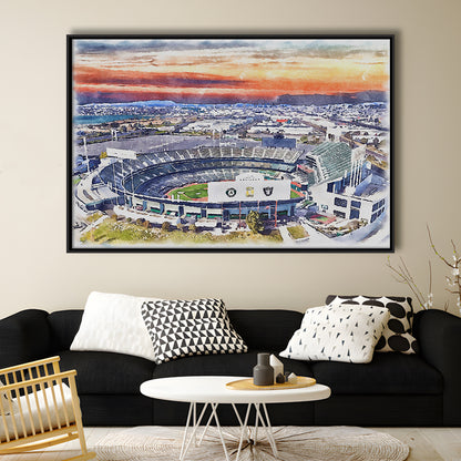 RingCentral Coliseum WaterColor, Oakland California Baseball Watercolor, Sport Gift Art, Framed Canvas Print Wall Art