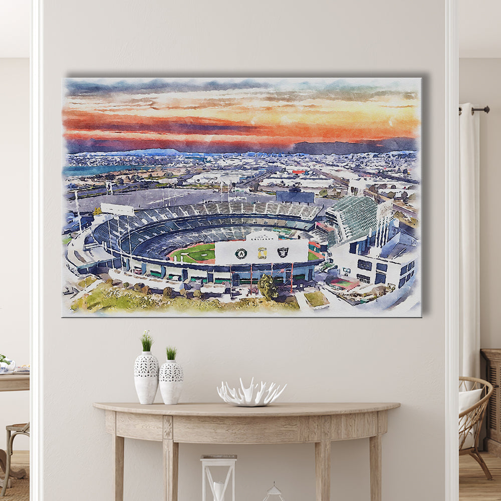 RingCentral Coliseum WaterColor, Oakland California Baseball Watercolor, Sport Art, Gifts for him, Canvas Print Wall Art