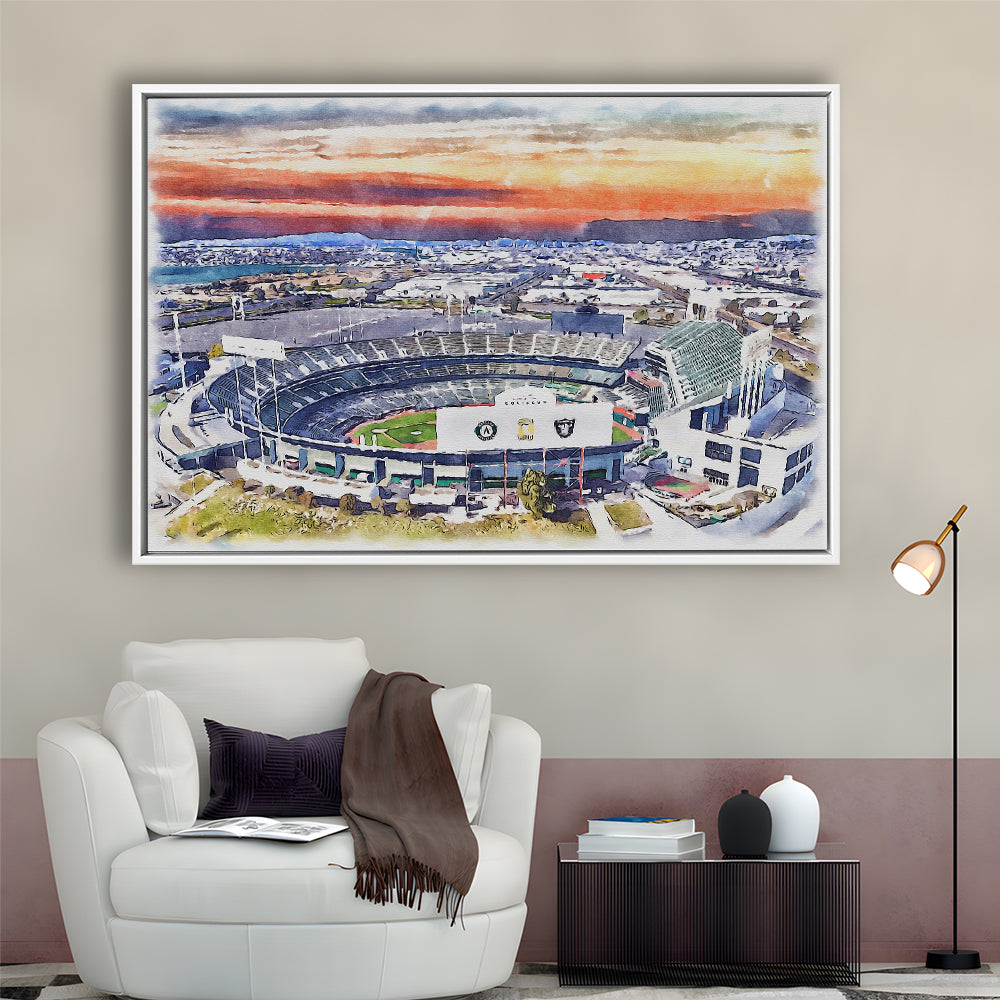 RingCentral Coliseum WaterColor, Oakland California Baseball Watercolor, Sport Gift Art, Framed Canvas Print Wall Art
