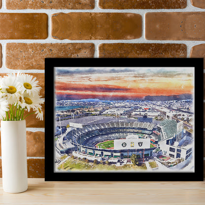 RingCentral Coliseum WaterColor, Oakland California Baseball Watercolor, Sport Gift Art, Framed Art Print Wall Decor