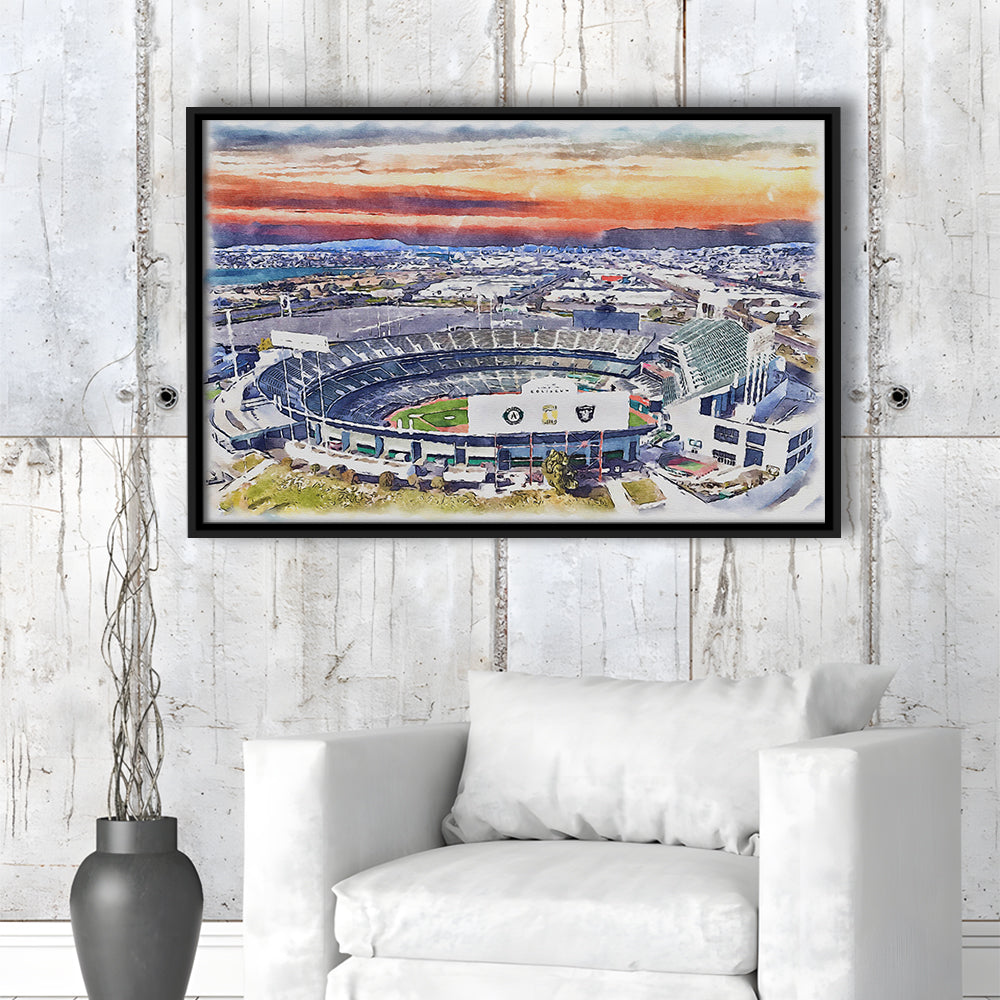 RingCentral Coliseum WaterColor, Oakland California Baseball Watercolor, Sport Gift Art, Framed Canvas Print Wall Art