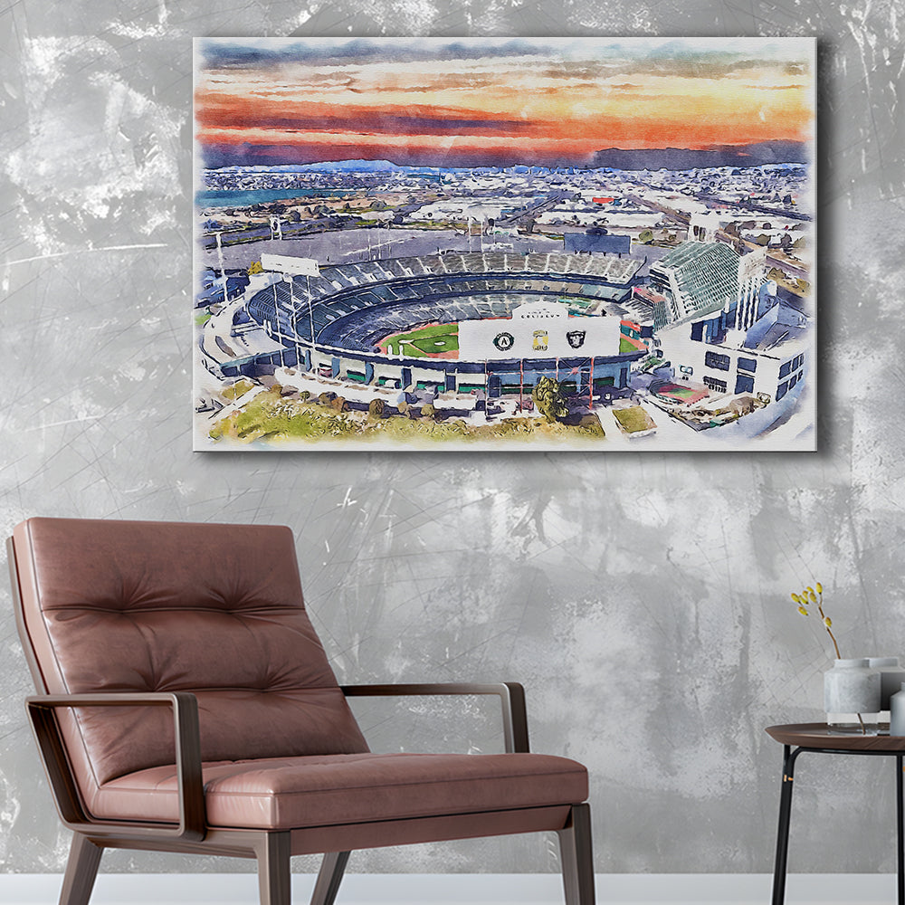 RingCentral Coliseum WaterColor, Oakland California Baseball Watercolor, Sport Art, Gifts for him, Canvas Print Wall Art