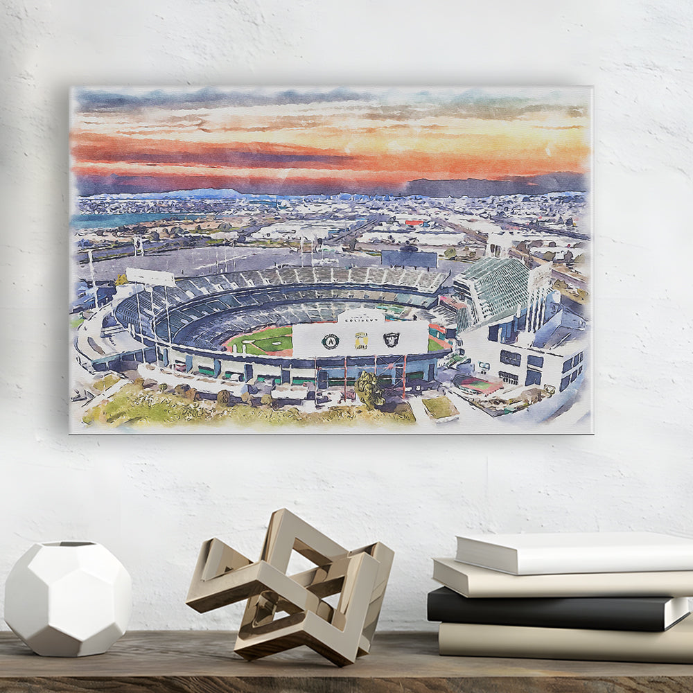 RingCentral Coliseum WaterColor, Oakland California Baseball Watercolor, Sport Art, Gifts for him, Canvas Print Wall Art