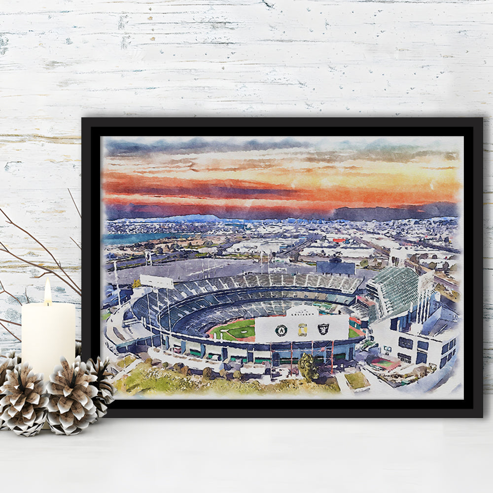 RingCentral Coliseum WaterColor, Oakland California Baseball Watercolor, Sport Gift Art, Framed Canvas Print Wall Art
