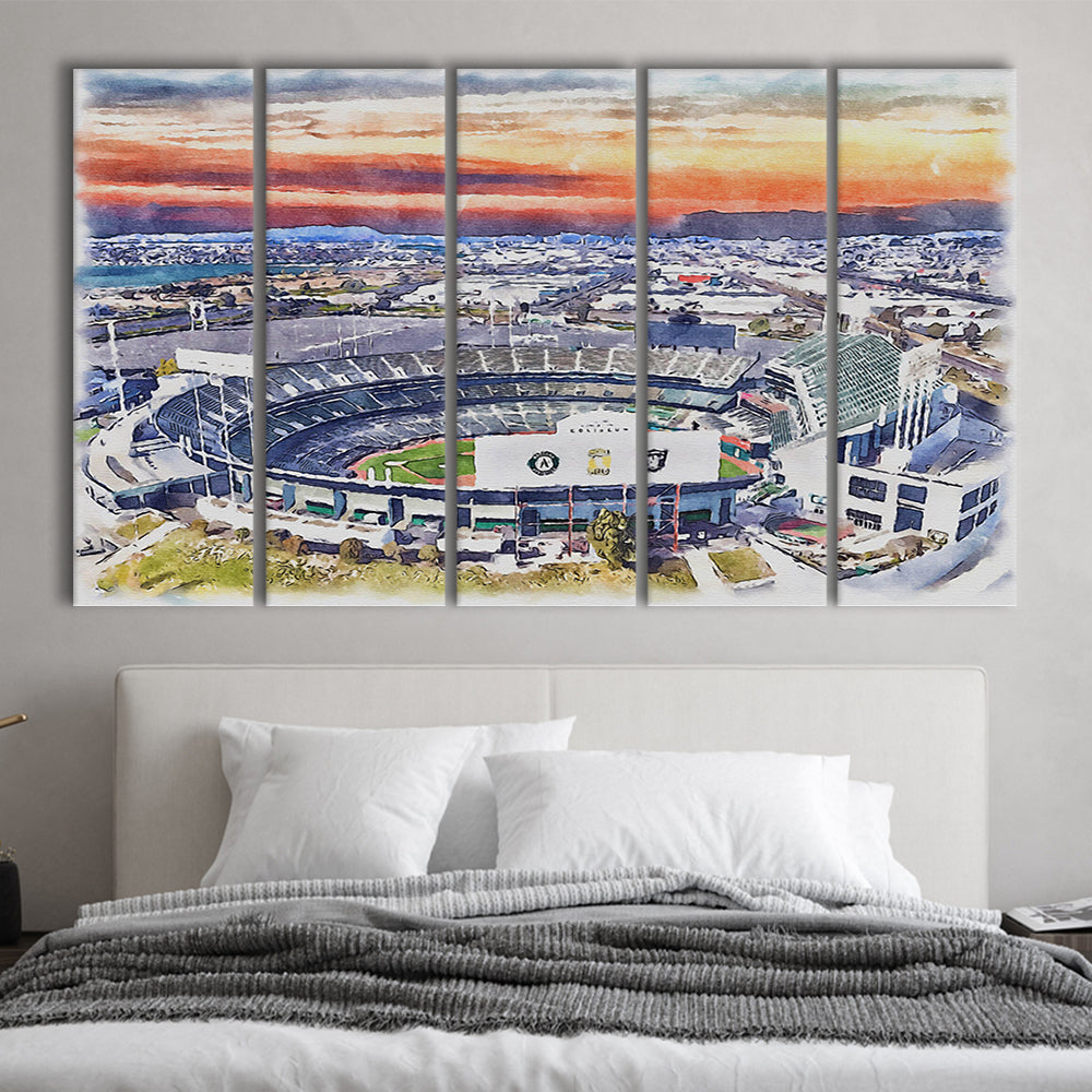 RingCentral Coliseum WaterColor, Oakland California Baseball Watercolor, Sport Art, Extra Large Canvas Print