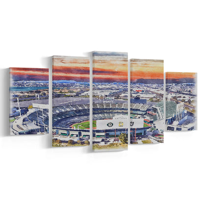 RingCentral Coliseum WaterColor, Oakland California Baseball Watercolor, Sport Art, Mixed 5 Panel, Canvas Print Wall Art