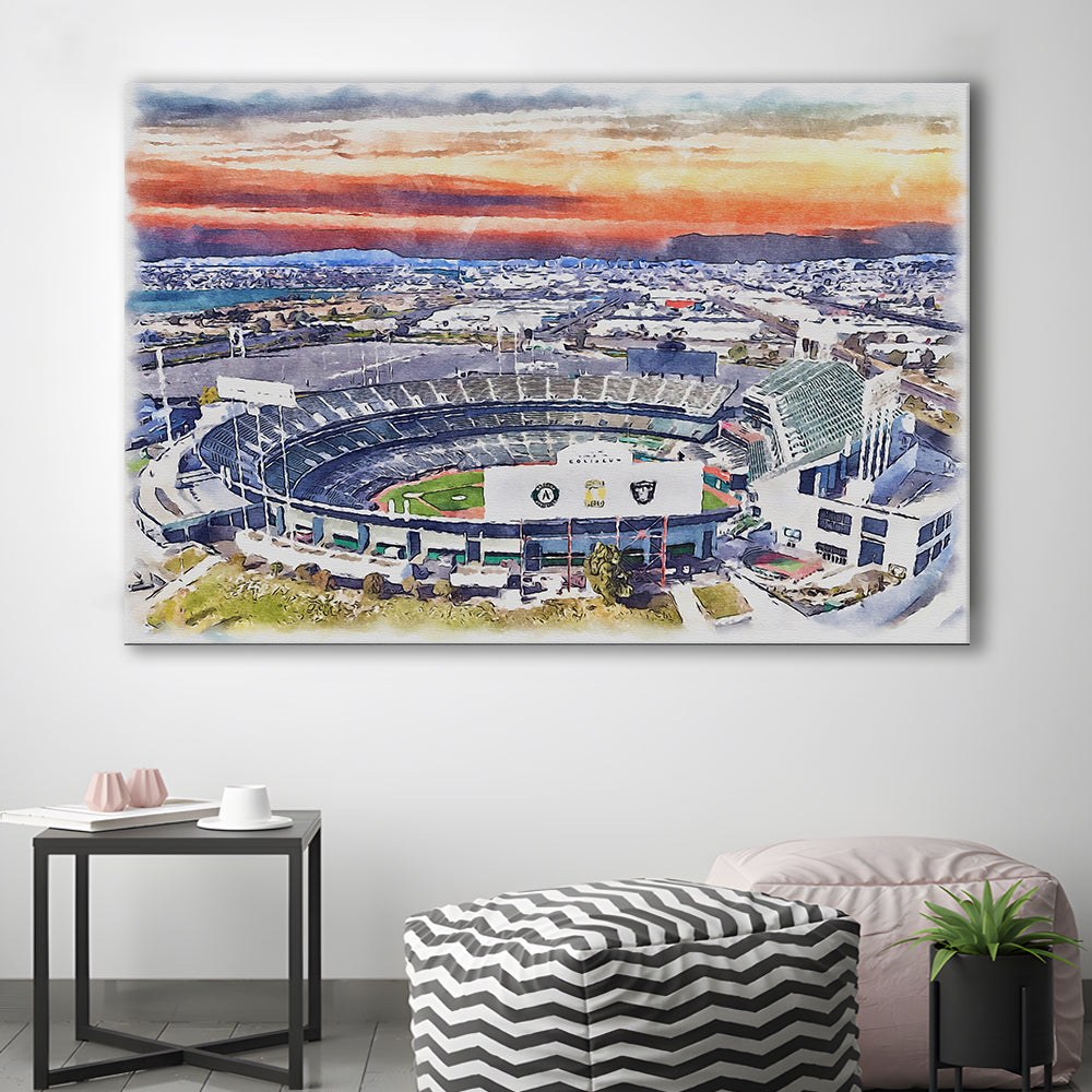RingCentral Coliseum WaterColor, Oakland California Baseball Watercolor, Sport Art, Gifts for him, Canvas Print Wall Art