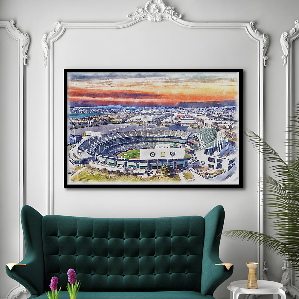 RingCentral Coliseum WaterColor, Oakland California Baseball Watercolor, Sport Gift Art, Framed Art Print Wall Decor