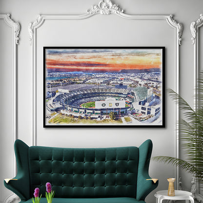 RingCentral Coliseum WaterColor, Oakland California Baseball Watercolor, Sport Gift Art, Framed Art Print Wall Decor