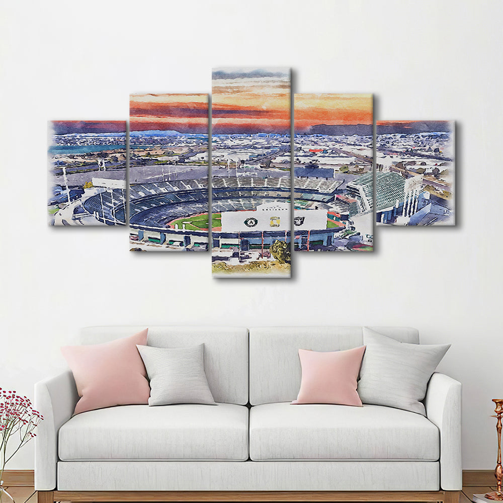 RingCentral Coliseum WaterColor, Oakland California Baseball Watercolor, Sport Art, Mixed 5 Panel, Canvas Print Wall Art