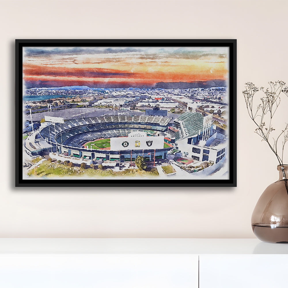 RingCentral Coliseum WaterColor, Oakland California Baseball Watercolor, Sport Gift Art, Framed Canvas Print Wall Art