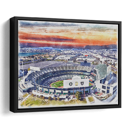 RingCentral Coliseum WaterColor, Oakland California Baseball Watercolor, Sport Gift Art, Framed Canvas Print Wall Art