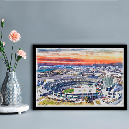 RingCentral Coliseum WaterColor, Oakland California Baseball Watercolor, Sport Gift Art, Framed Art Print Wall Decor