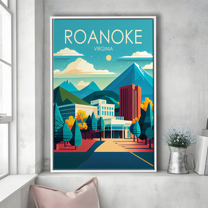 Roanoke Virginia Retro Art Print, Roanoke City Wall Art, Floating Framed Canvas Print, Framed Picture, Painting Canvas