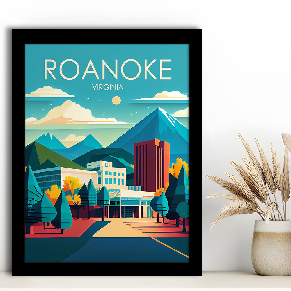 Roanoke Virginia Retro Art Print, Roanoke City Wall Art, Framed Art Print, Picture Framed, Painting Art