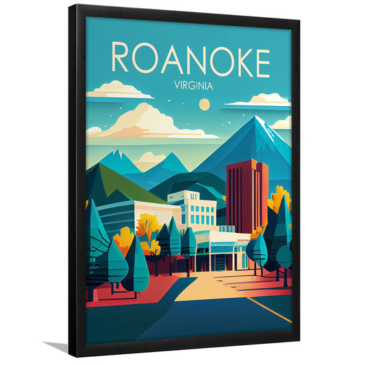 Roanoke Virginia Retro Art Print, Roanoke City Wall Art, Framed Art Print, Picture Framed, Painting Art