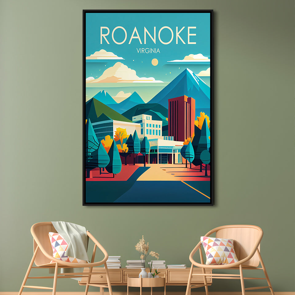 Roanoke Virginia Retro Art Print, Roanoke City Wall Art, Floating Framed Canvas Print, Framed Picture, Painting Canvas