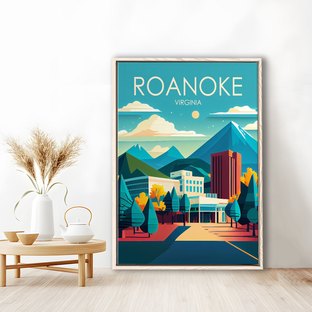 Roanoke Virginia Retro Art Print, Roanoke City Wall Art, Floating Framed Canvas Print, Framed Picture, Painting Canvas