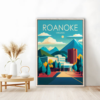 Roanoke Virginia Retro Art Print, Roanoke City Wall Art, Floating Framed Canvas Print, Framed Picture, Painting Canvas