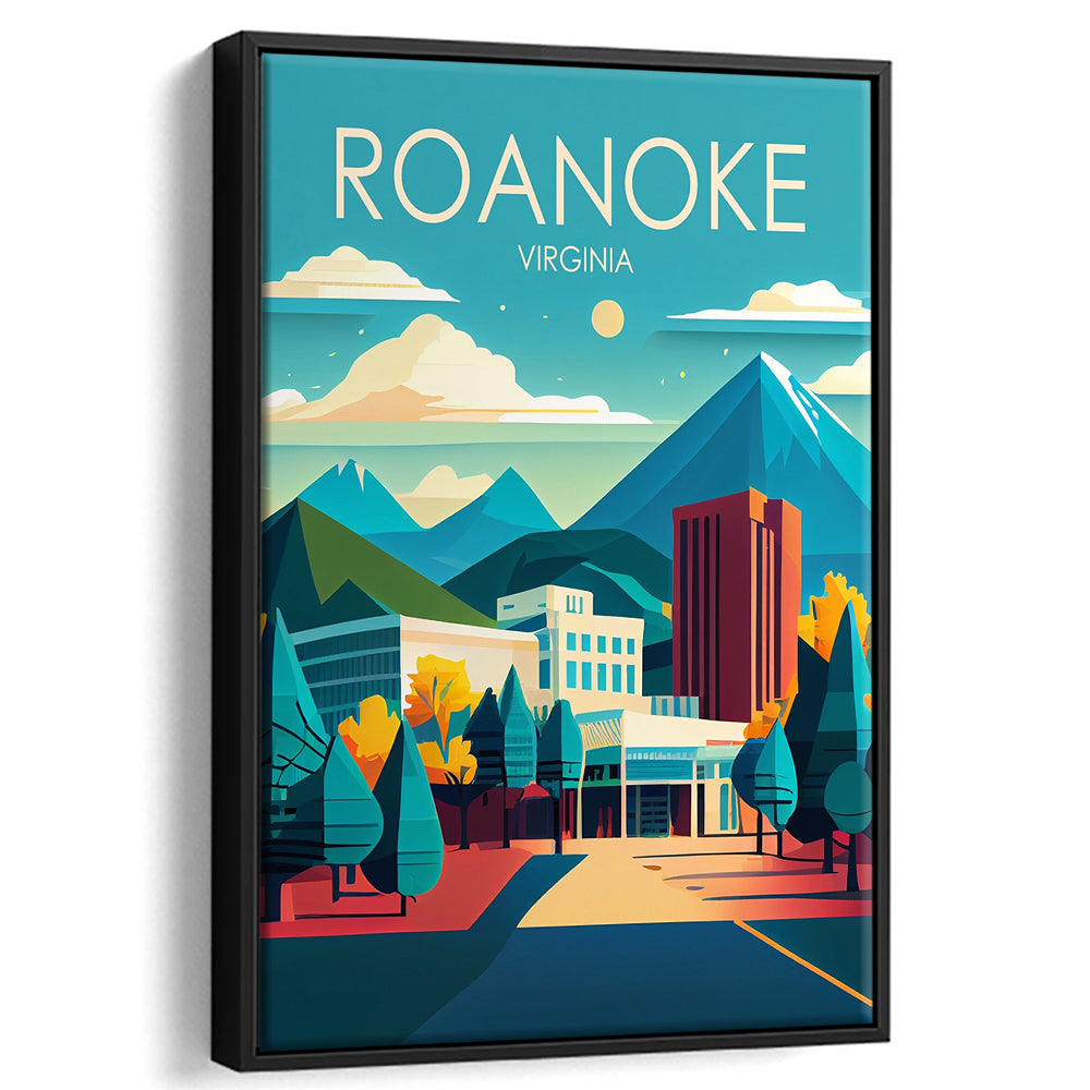 Roanoke Virginia Retro Art Print, Roanoke City Wall Art, Floating Framed Canvas Print, Framed Picture, Painting Canvas