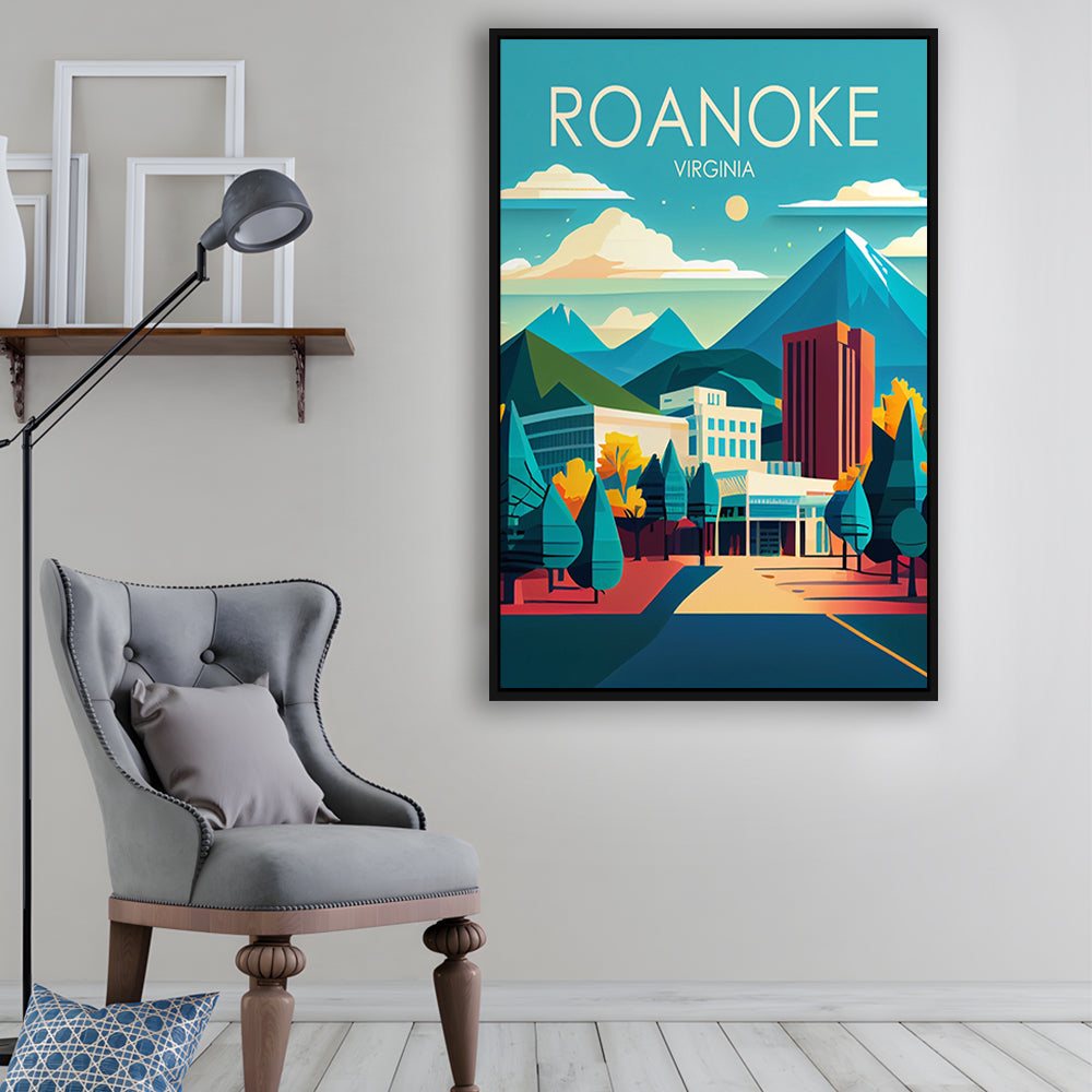 Roanoke Virginia Retro Art Print, Roanoke City Wall Art, Floating Framed Canvas Print, Framed Picture, Painting Canvas