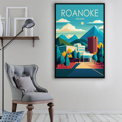 Roanoke Virginia Retro Art Print, Roanoke City Wall Art, Floating Framed Canvas Print, Framed Picture, Painting Canvas