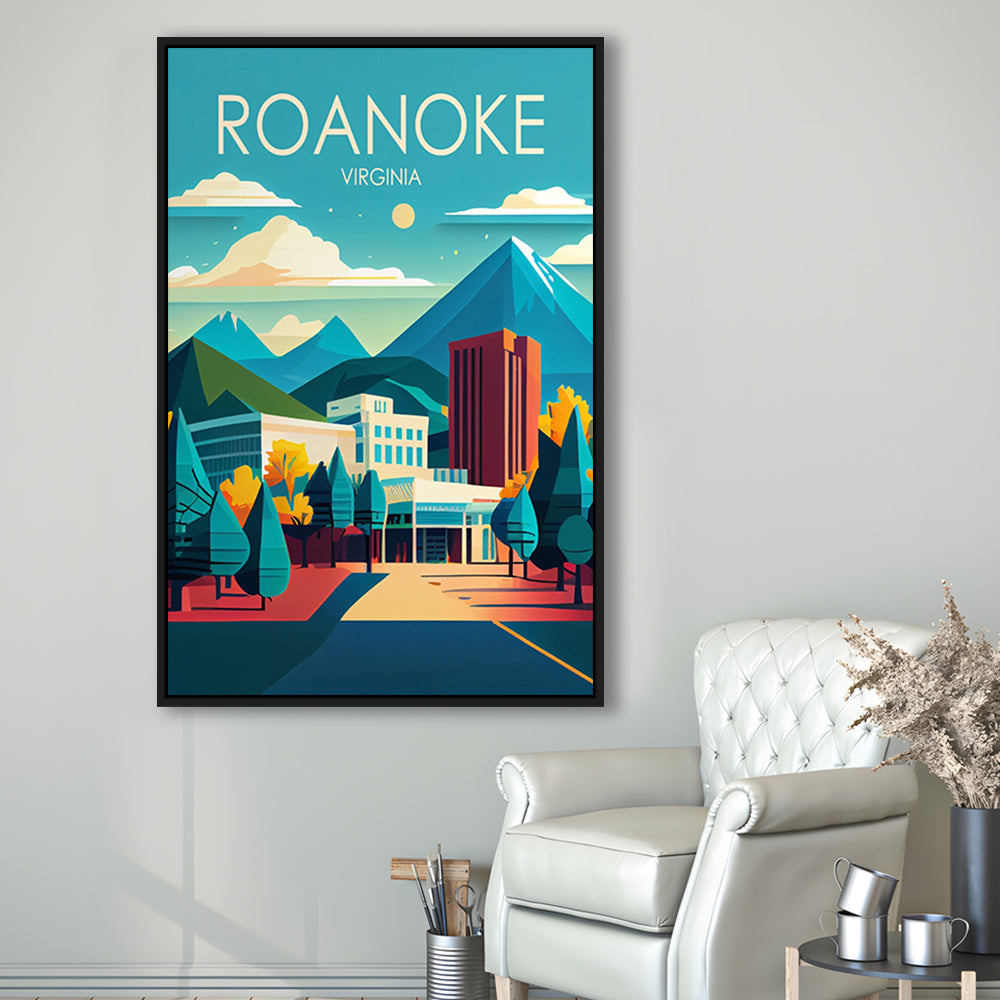 Roanoke Virginia Retro Art Print, Roanoke City Wall Art, Floating Framed Canvas Print, Framed Picture, Painting Canvas