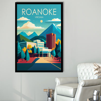 Roanoke Virginia Retro Art Print, Roanoke City Wall Art, Framed Art Print, Picture Framed, Painting Art