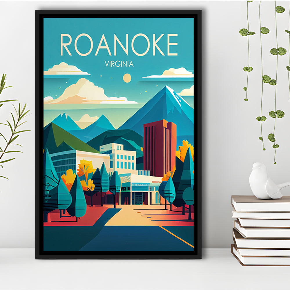 Roanoke Virginia Retro Art Print, Roanoke City Wall Art, Floating Framed Canvas Print, Framed Picture, Painting Canvas