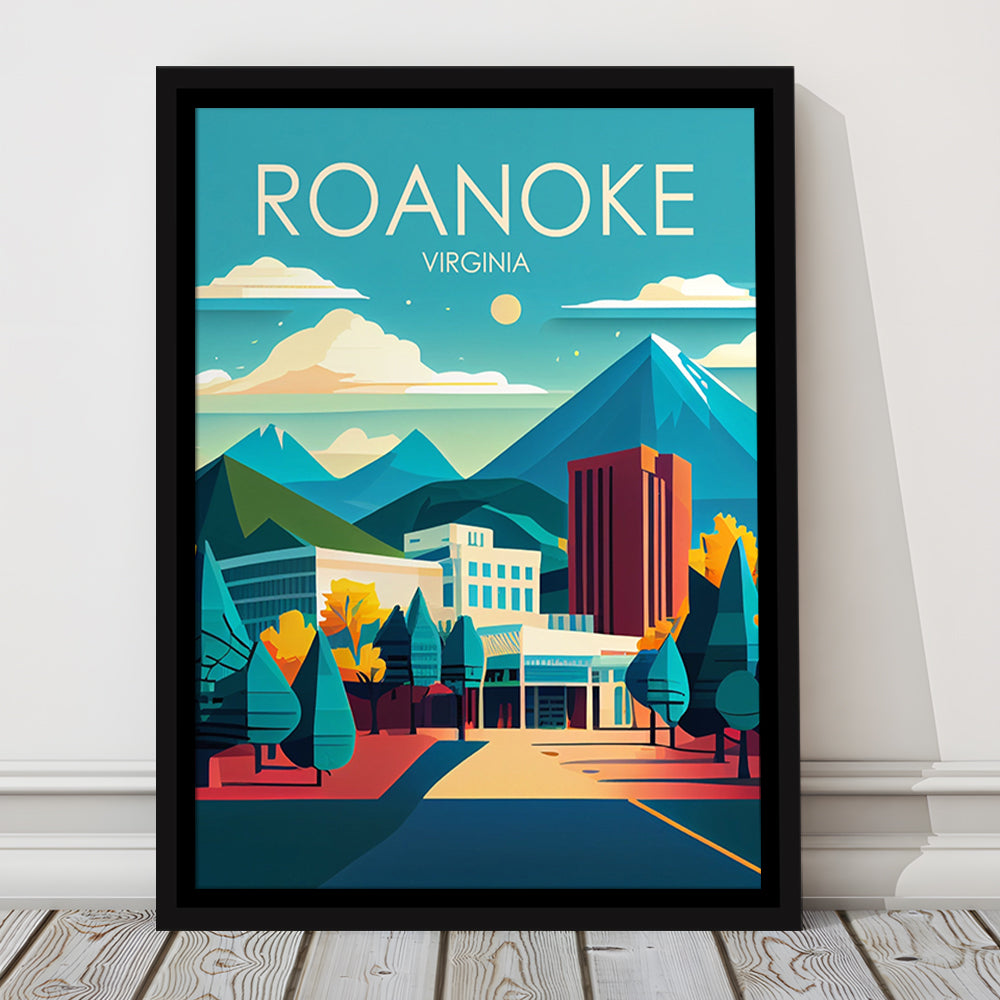 Roanoke Virginia Retro Art Print, Roanoke City Wall Art, Floating Framed Canvas Print, Framed Picture, Painting Canvas