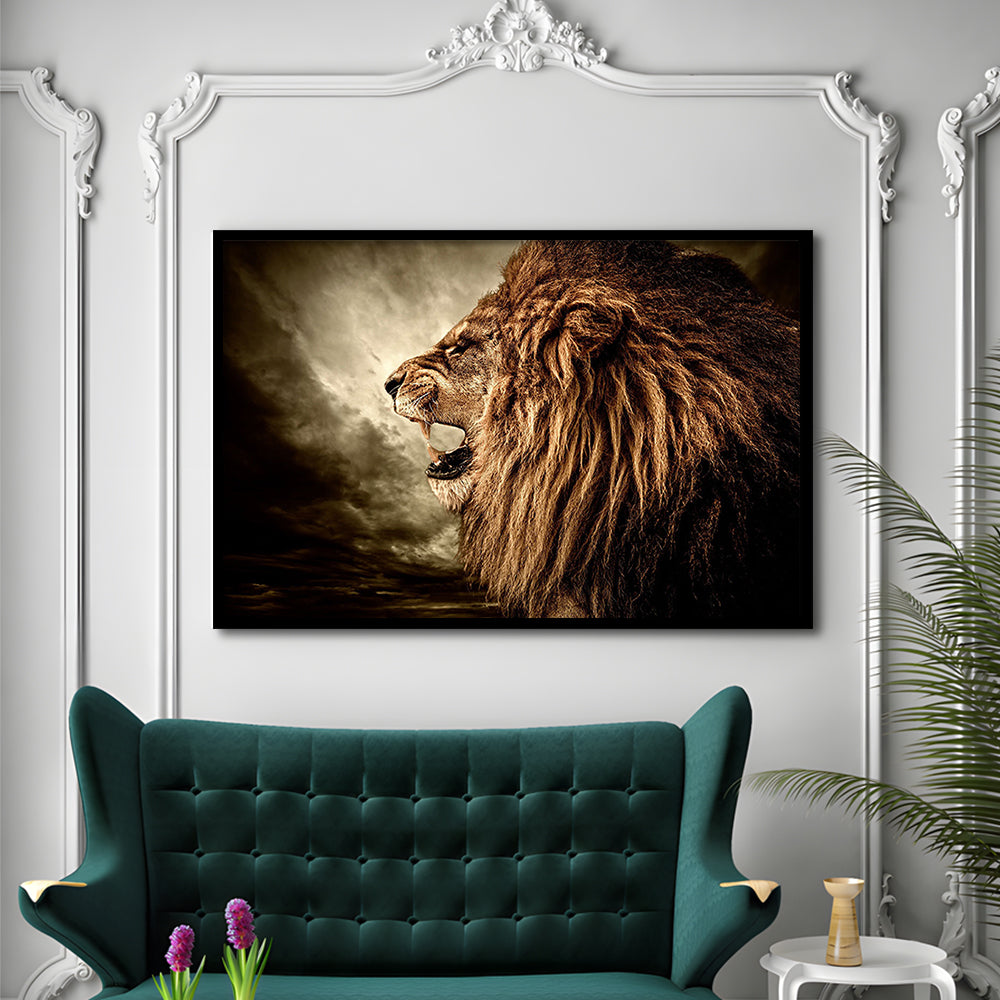 Roaring Lion Against Stormy Sky Art Lion Art, Lion Wall Decoration, Lion Art Wall Art, Framed Art Print, Picture Framed